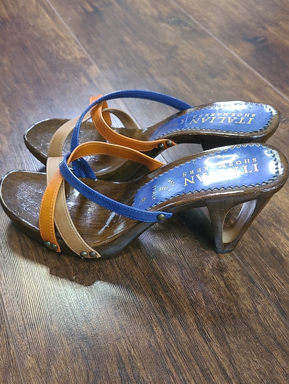 Italian Shoemakers Blue & Tan Strappy High-Heel Sandals Wood Size 9 - Picture 3 of 10